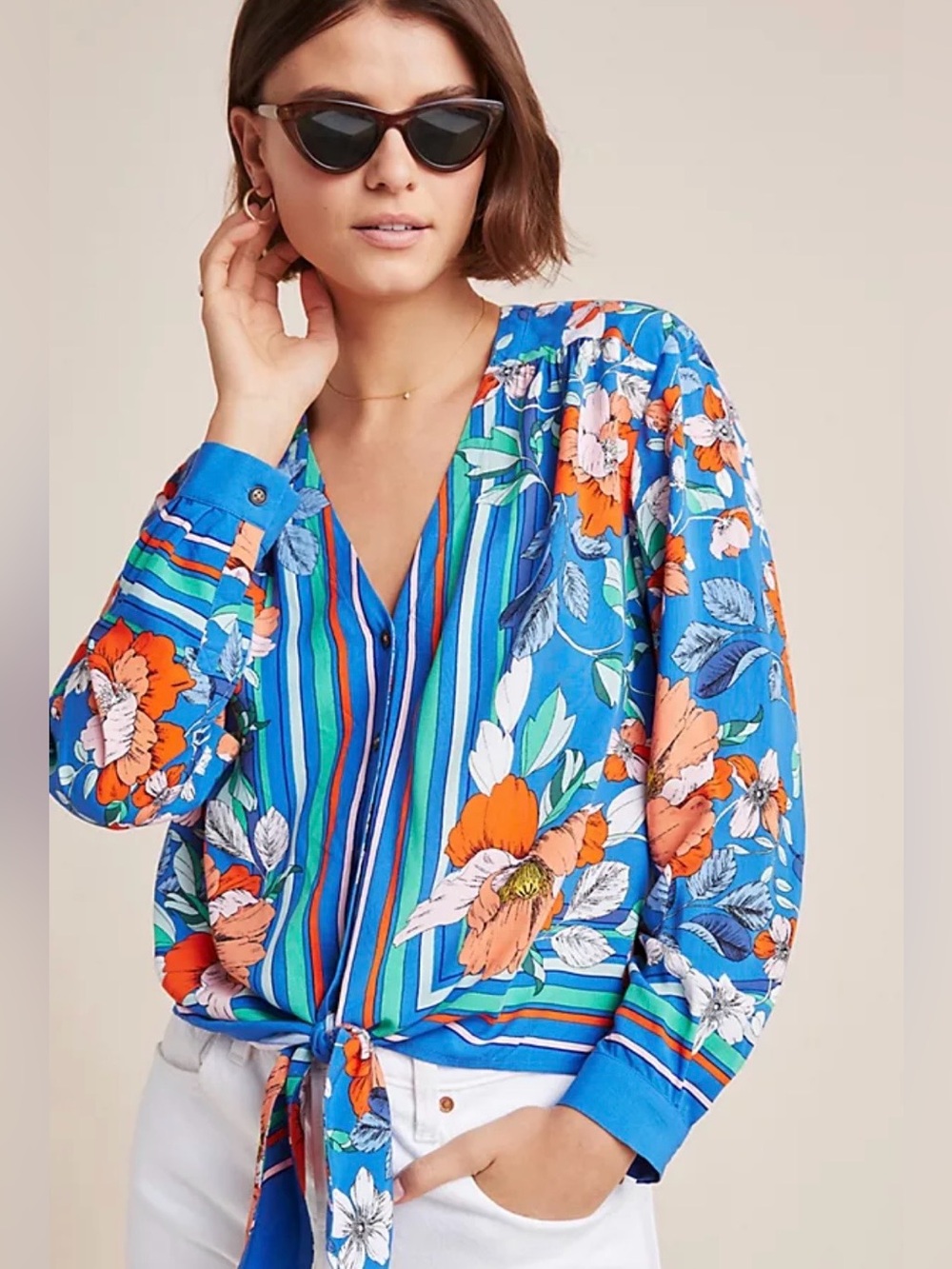 Anthropologie Blue Floral Tie-Front Button-Down Shirt